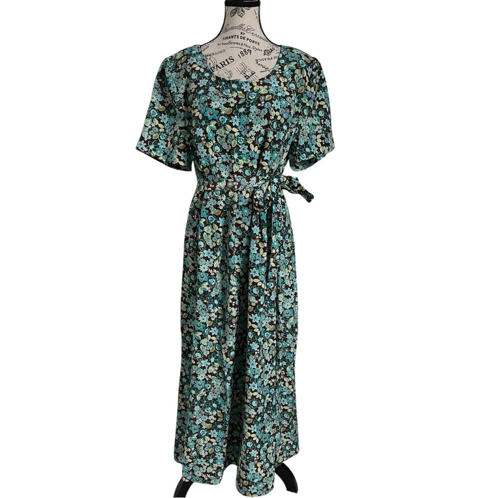 Vintage White Stag Plus 16W Floral Maxi Dress Shoulder Pads Teal Brown Tie Waist